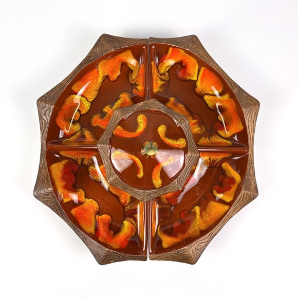 VTG MCM California Pottery Sequoia Ware 4 pc Condiment Relish Chip Dip Set Lava - Picture 2 of 12